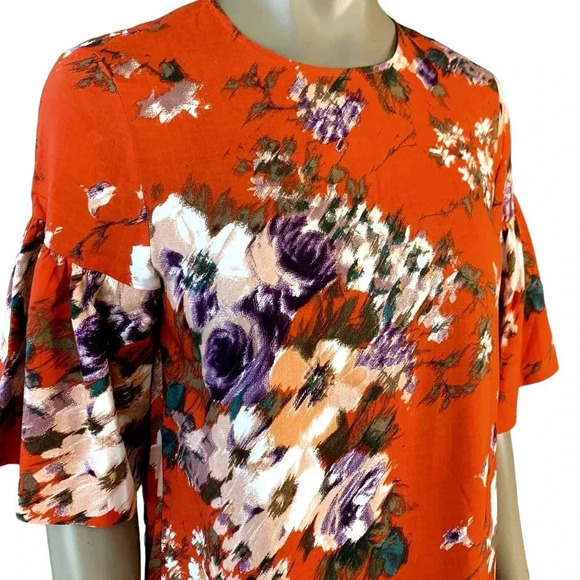 H&M Watercolor Floral Shift Dress Women Size 6 Bell Sleeves Casual Viscose - Picture 6 of 16